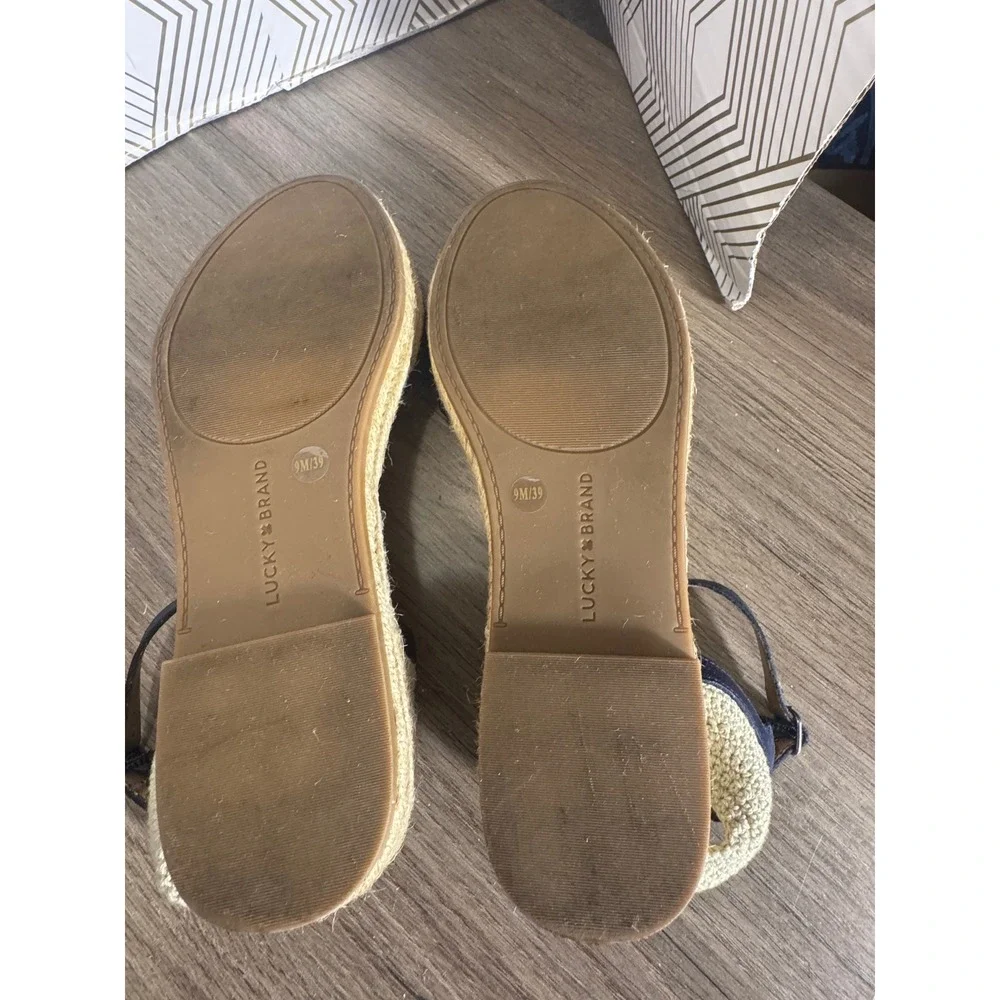 Lucky Brand Navy Blue Leather Espadrille Ankle Strap Sandals Flats Womens  9M 39